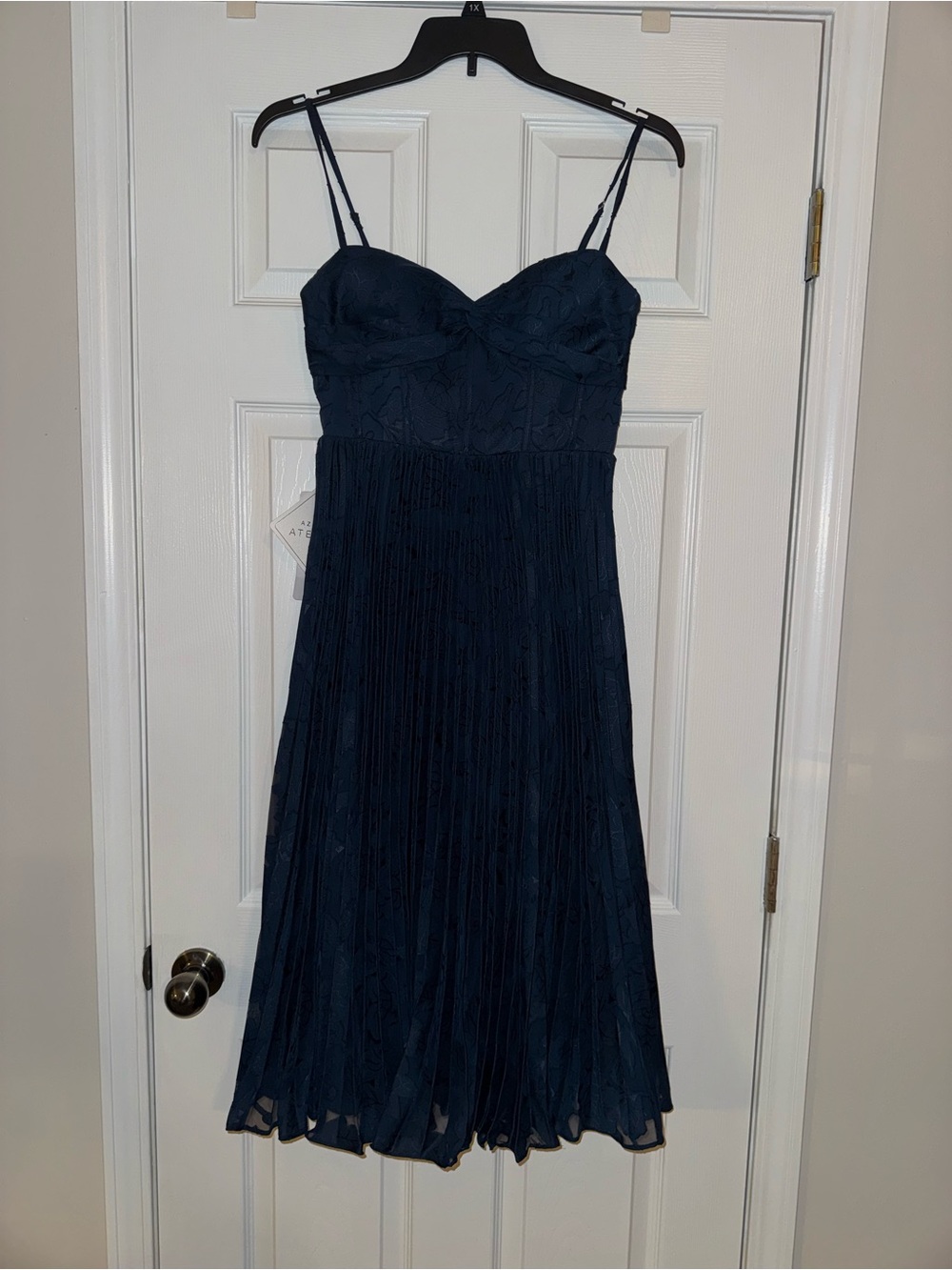 Azazie Navy Spaghetti-Strap Pleated Midi Dress